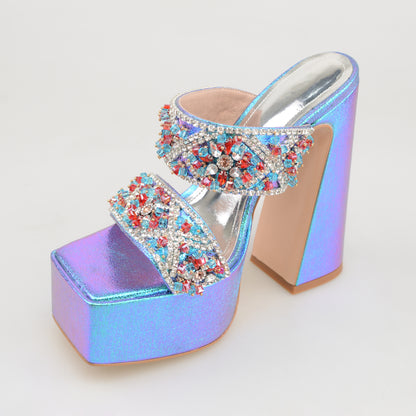 Hot Sale Diamonds Mules With Chunky  Heel and  Platform