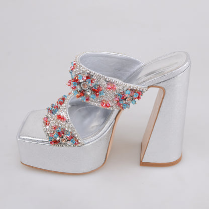 Hot Sale Diamonds Mules With Chunky  Heel and  Platform