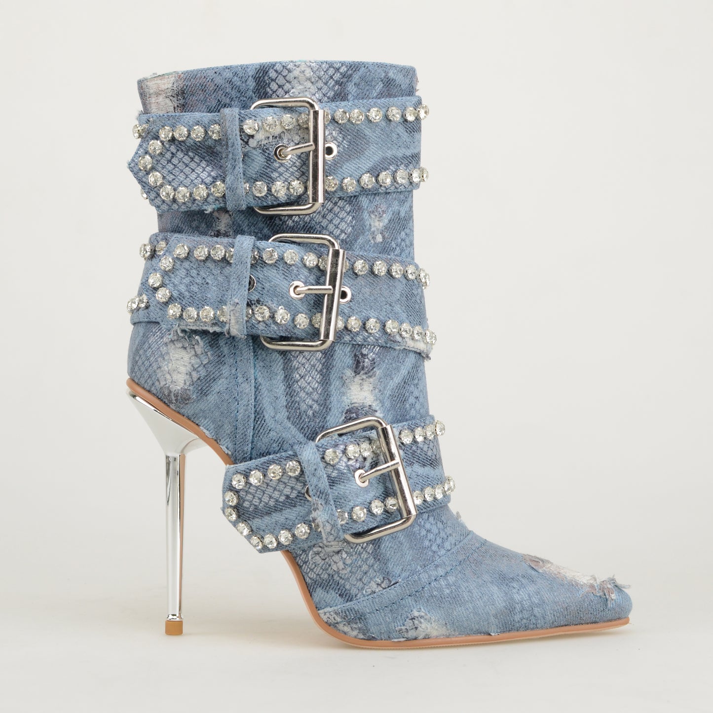 2024 Fashion High Heel Snake Print Blue Denim Ankle Boots Women's