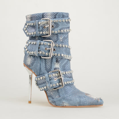 2024 Fashion High Heel Snake Print Blue Denim Ankle Boots Women's