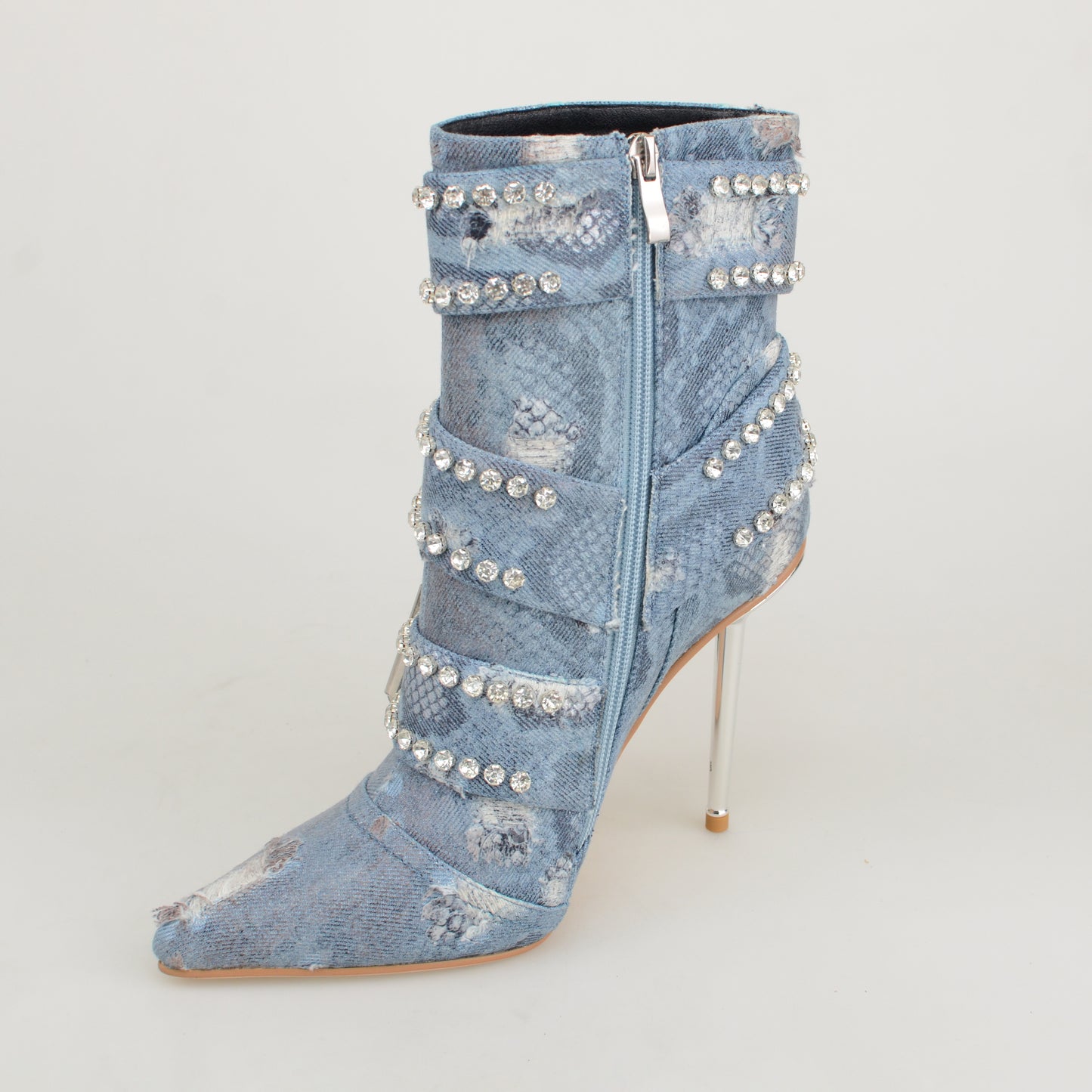 2024 Fashion High Heel Snake Print Blue Denim Ankle Boots Women's