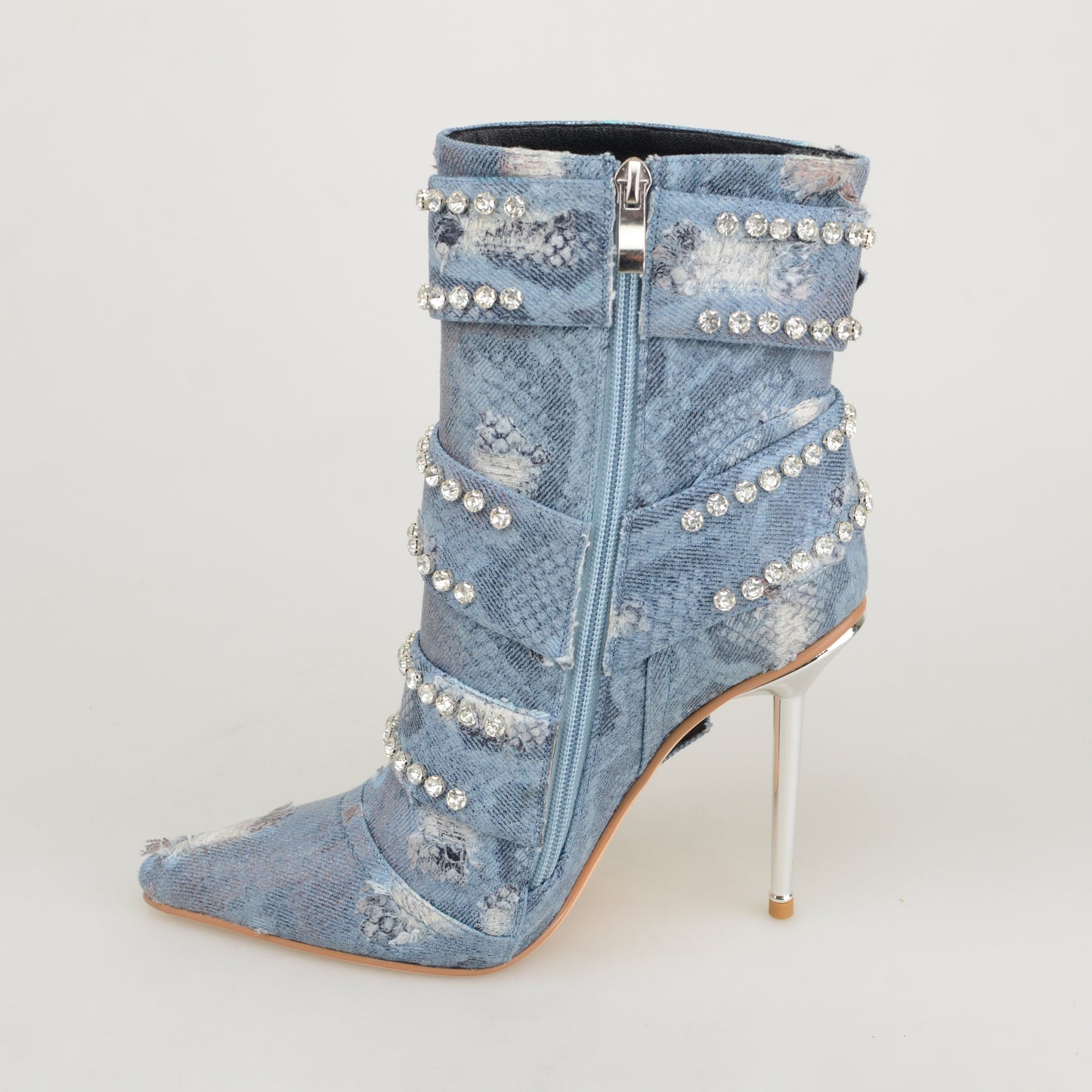 2024 Fashion High Heel Snake Print Blue Denim Ankle Boots Women's